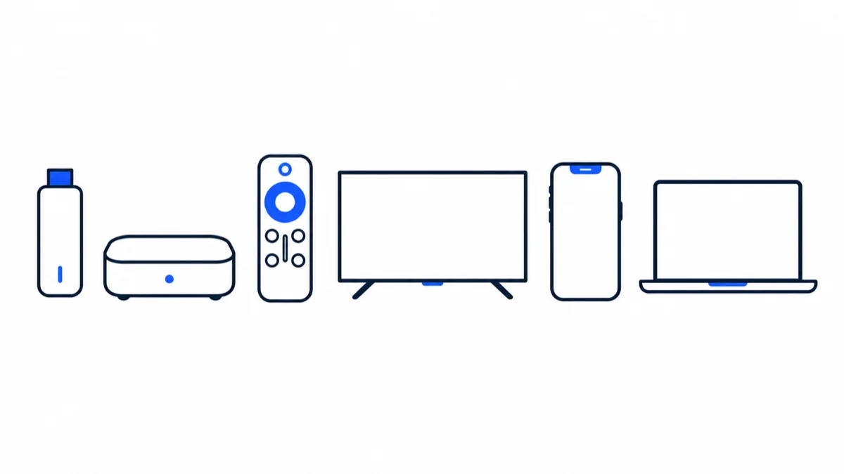 Schematische Darstellung unterstützter Geräte: Streaming-Stick, TV-Box, Fernbedienung, Smart-TV, Smartphone und Laptop.